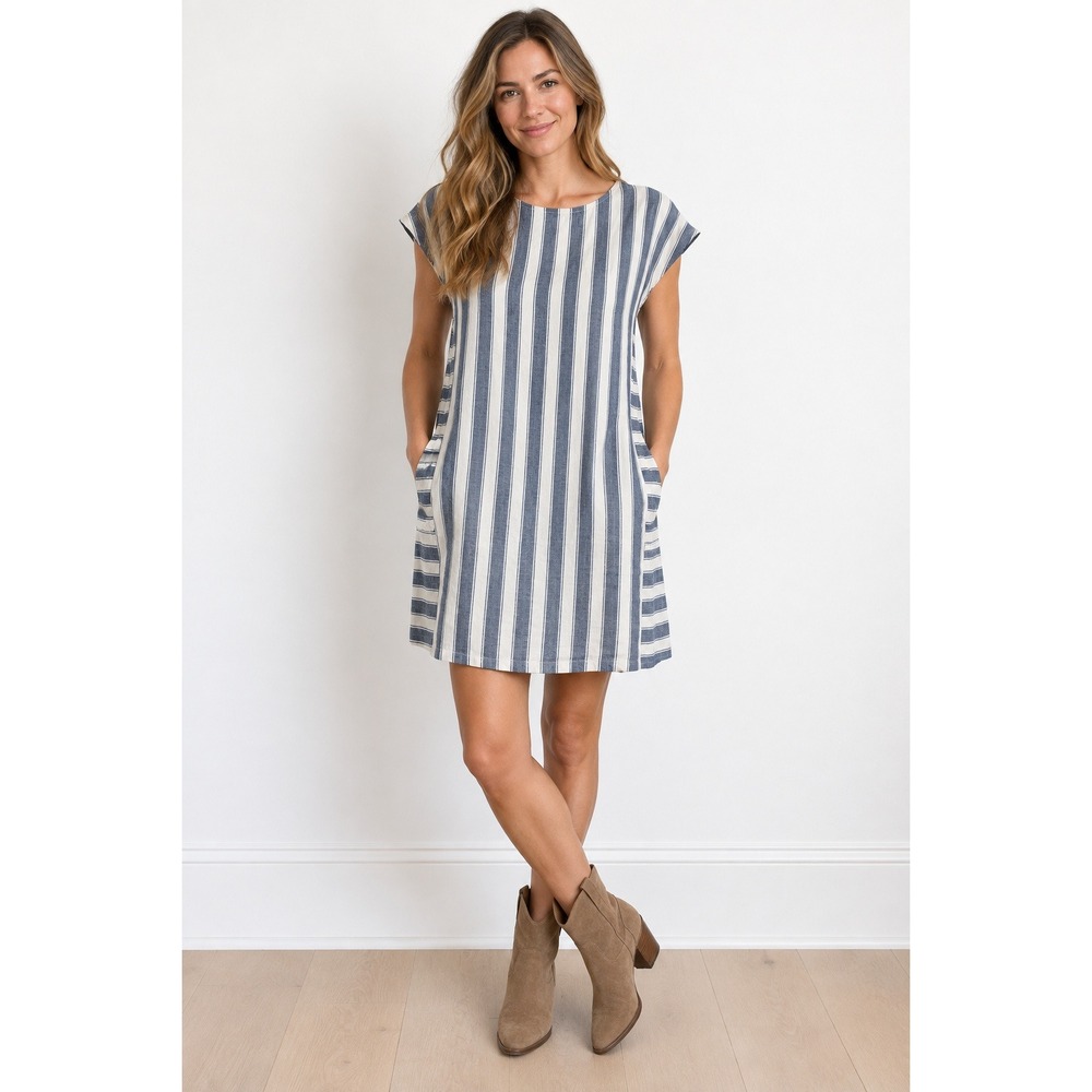 Madewell Stripe Play Dress Womens S Blue White Linen Cotton Button Back Pockets